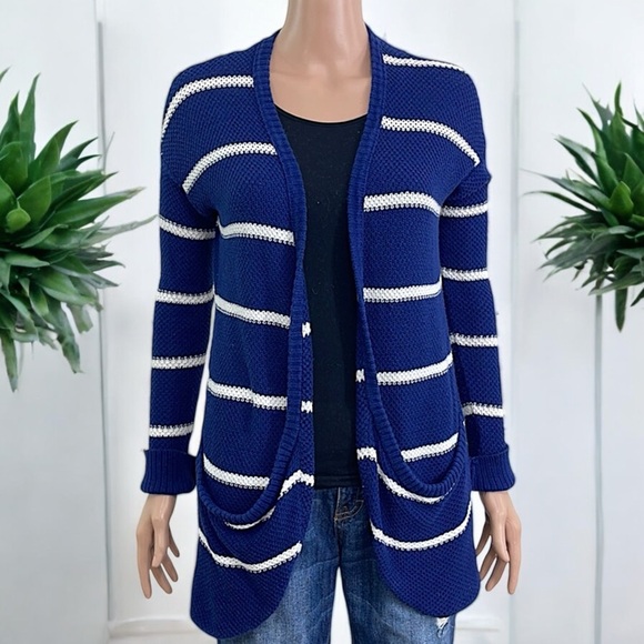 American Eagle Outfitters Nautical Navy & White Striped Open Front Knit Cardigan - Picture 2 of 16